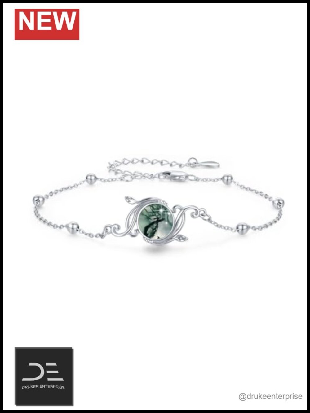 925 Sterling Silver Bohemian Vine Moss Agate Link Bracelet Anklet